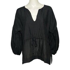 NARY Lounge Top Resortwear Linen Black Tunic Boxy Long Sleeve Lagenlook Size L